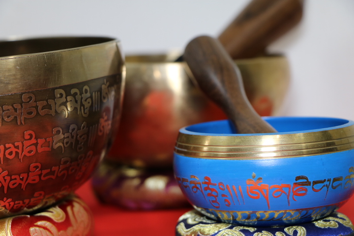 Blue Tibetan sound bowls with other Brass Bowls